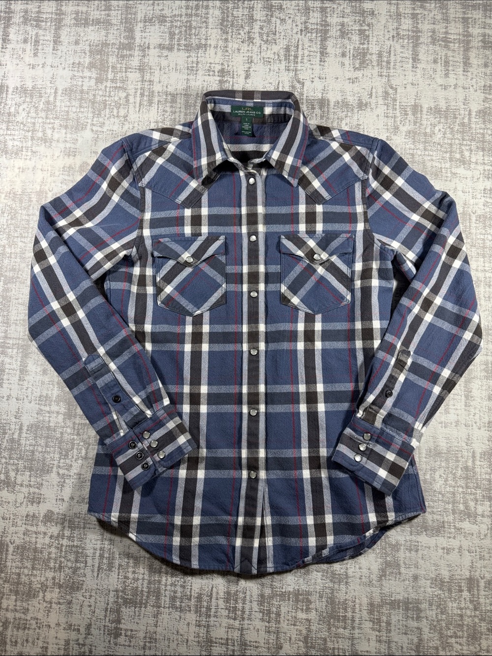 Lauren Ralph Lauren Western Flannel Shirt Womens Small Pearl Snap Blue Plaid
